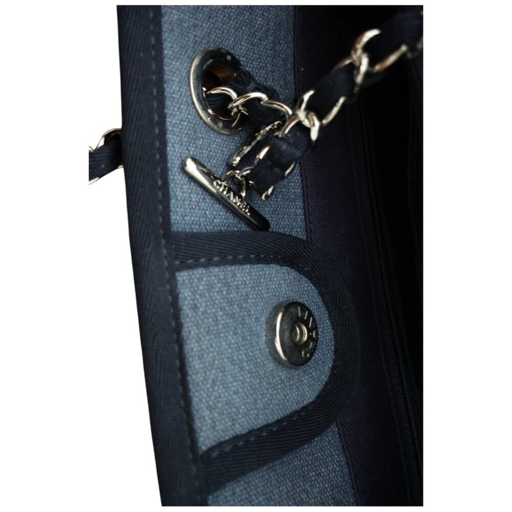 Chanel Deauville Tote Bag Denim Slate Blue Canvas Navy Trim Silver Hardware - Picture 9 of 16